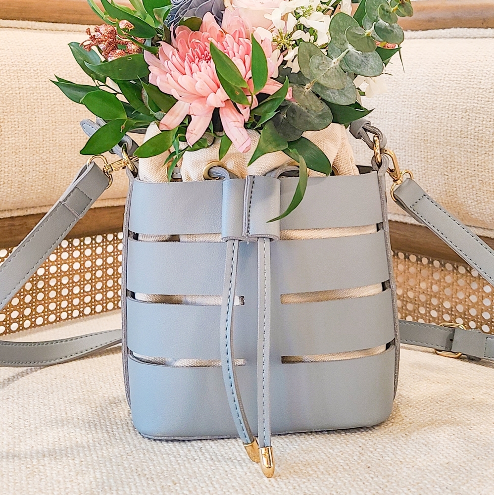 Dusty Blue Bucket Bag with Canvas Liner and Drawstring